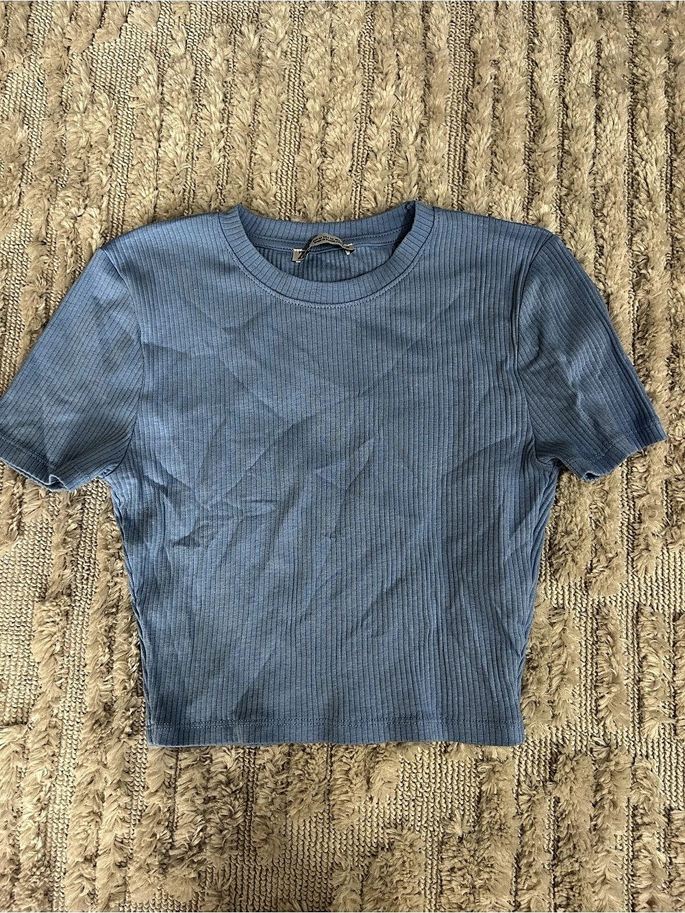 Zara Ribbed Short Sleeve Top in Blue Size Medium Like New